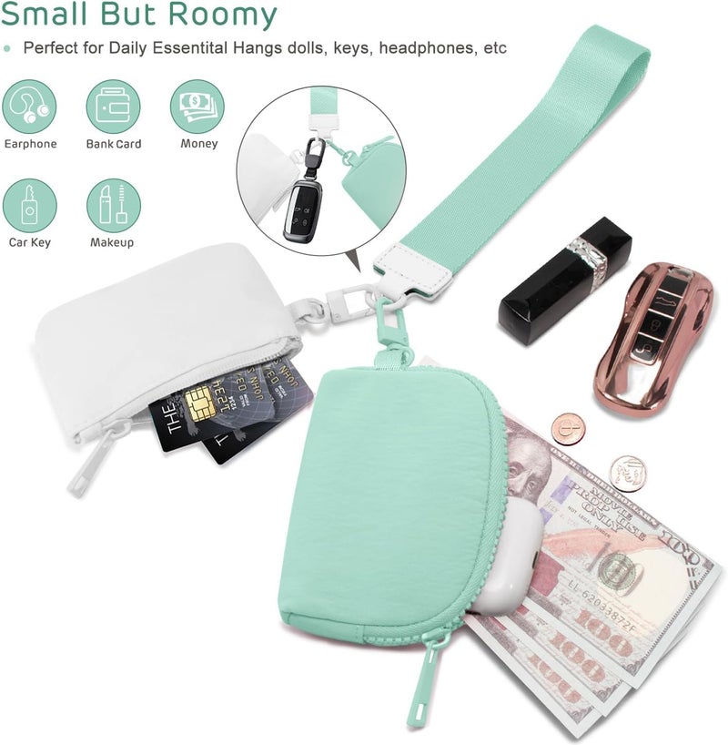 Viverte Mini Zip Around Keychain Wristlet Wallets Small Portable Dual Pounch Wristlet Detachable Coin Purse Pocket Gifts for Women Travel Sports Outdoors (White+Green) - Image 4